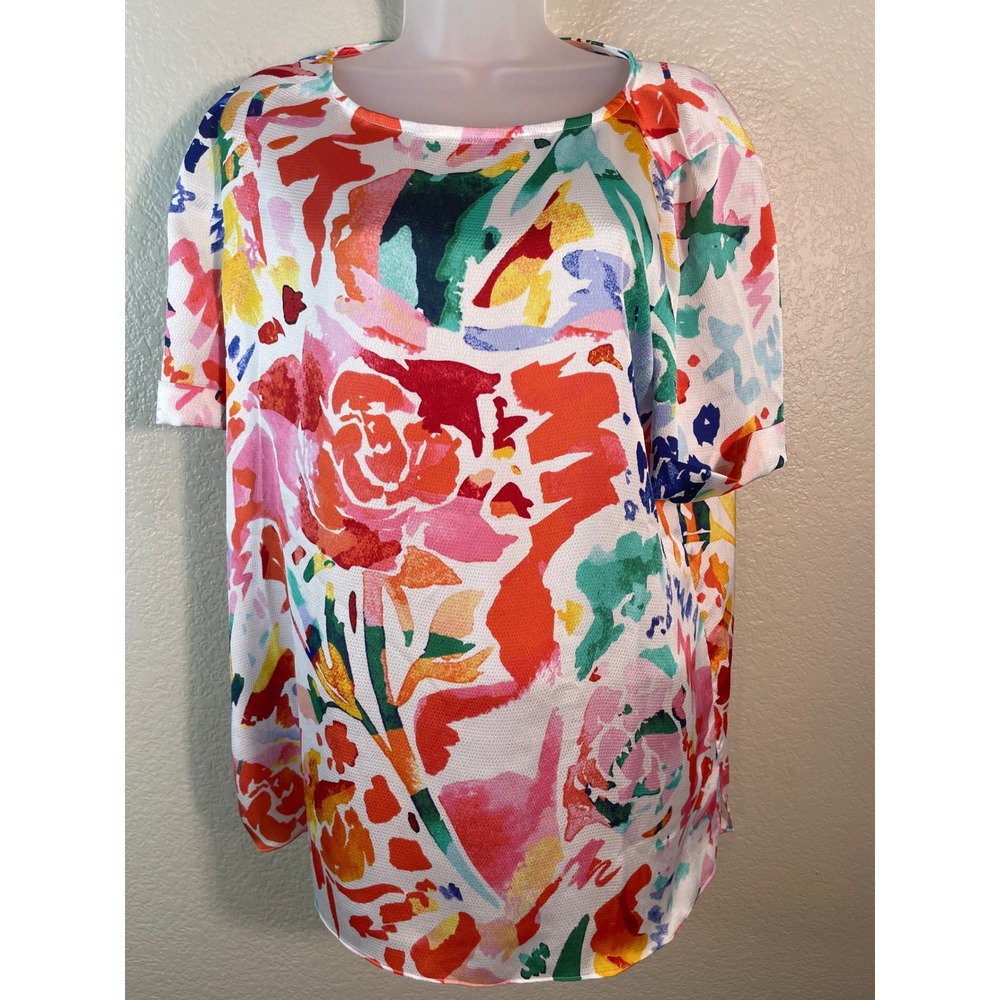 Chicos 2 US L 12/14 Top Multicolor Floral Short Sleeve Cuffed Keyhole Tropical